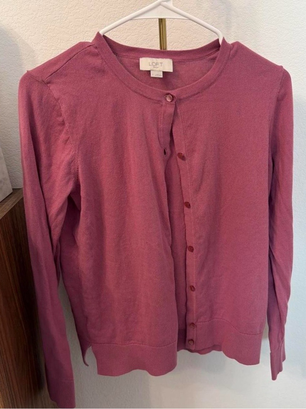 LOFT Dusty Rose Crewneck Button-Front Cardigan